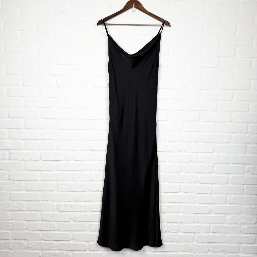 RESET by Jane Black Satin Slip Maxi Dress Cowl Neck Side Slit Adjustable Size M